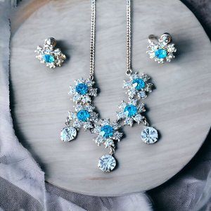 Vintage Nemo Signed Earrings and Necklace Aqua Rhinestone Silver Tone Costume
